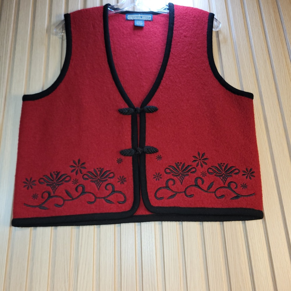 Herman Geist Red Wool Vest Embroidered Floral Toggle Closure Womens Large